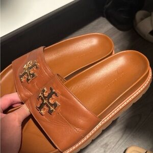 Tory Burch Tan Leather Slide Sandals with Gold Logo